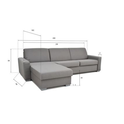 Razvlačna kutna garnitura za svakodnevno spavanje s prostorom za pohranu u obliku slova L LEKA lijeva siva