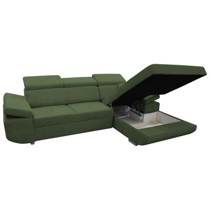 Razvlačna kutna sjedeća garnitura s prostorom za pohranu u obliku slova L CASTELO desna zelena