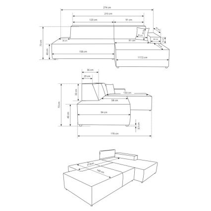 Razvlačna kutna sjedeća garnitura TERAMO s prostorom za pohranu u L-obliku, desna, bež