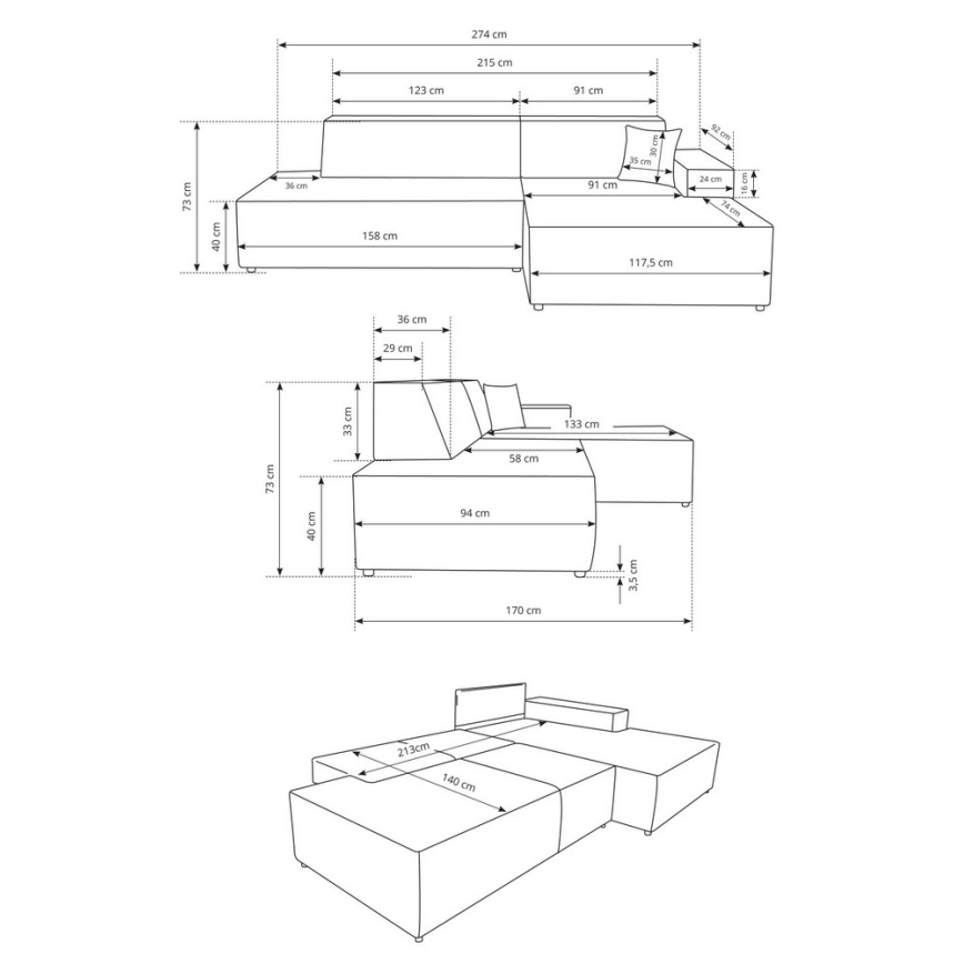 Razvlačna kutna sjedeća garnitura TERAMO s prostorom za pohranu u L-obliku, desna, bež