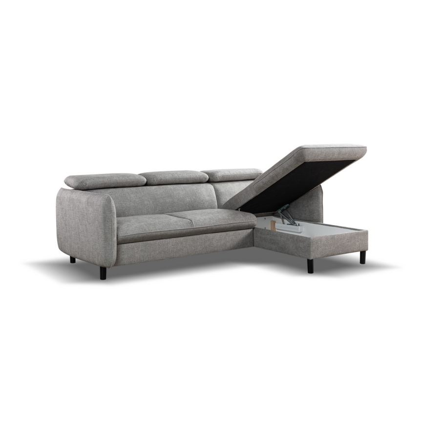 Razvlačna kutna sjedeća garnitura u obliku slova L sa spremištem NISA, siva, desna