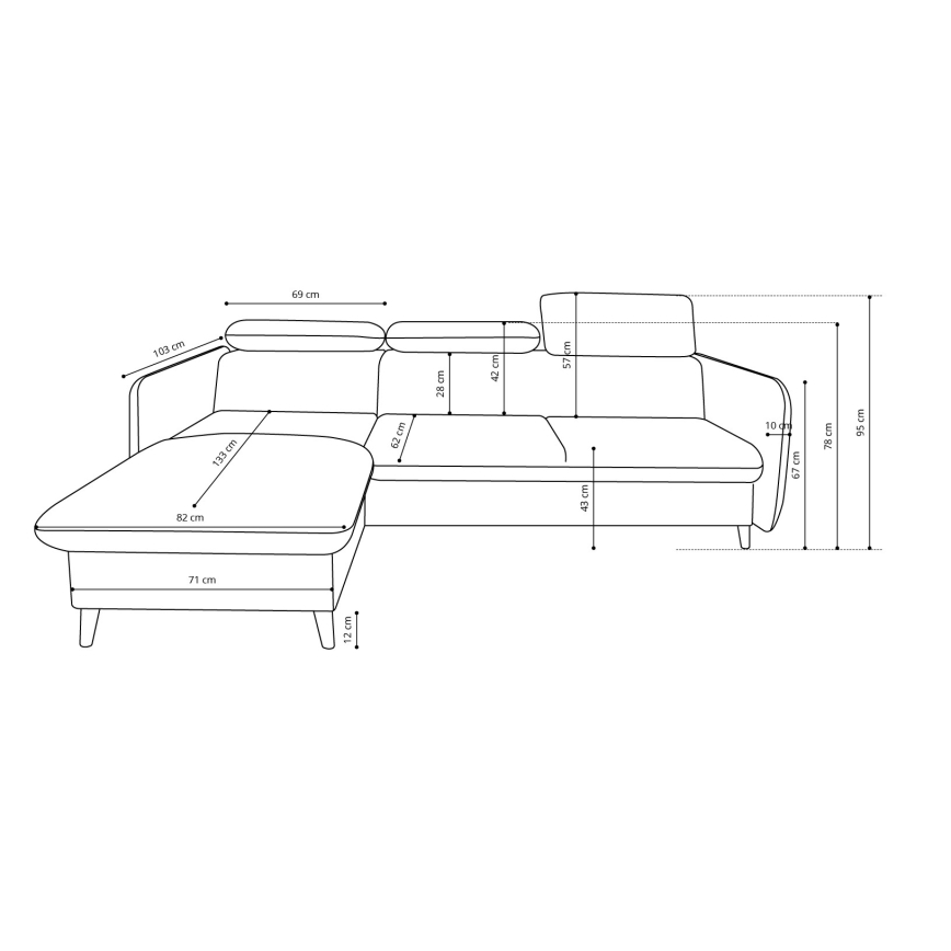 Razvlačna kutna sjedeća garnitura u obliku slova L sa spremištem NISA, siva, desna