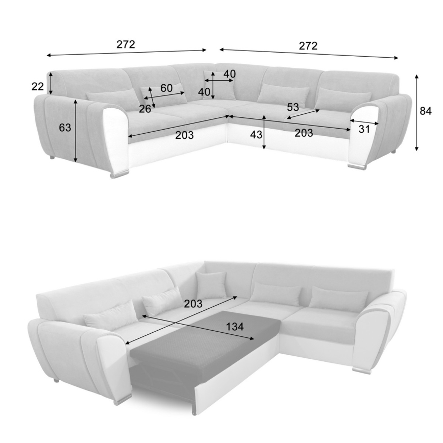 Razvlačna kutna sjedeća garnitura VISEU u L-obliku s prostorom za pohranu, lijeva, siva/bijela