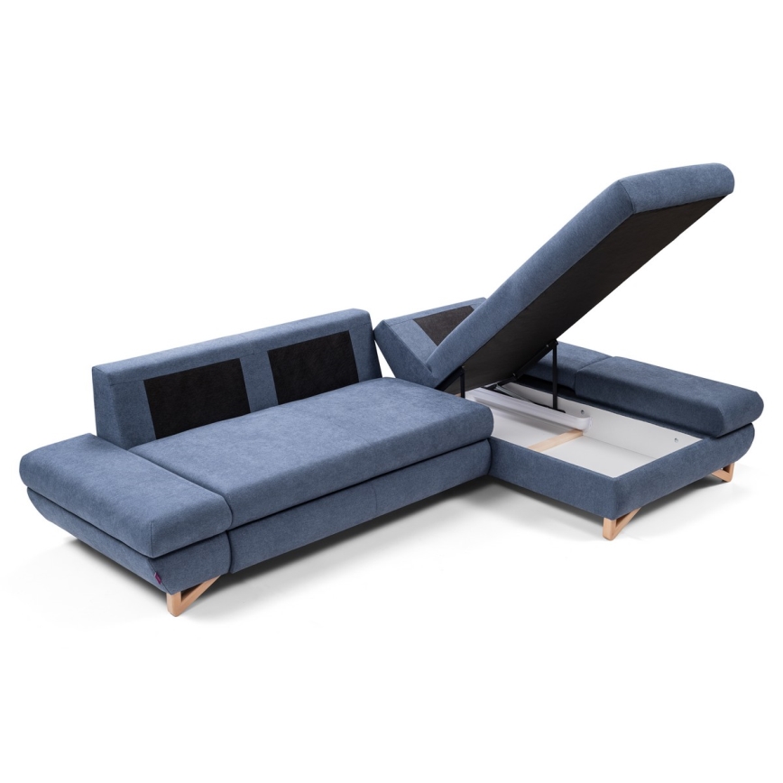 Razvlačna kutna tapecirana garnitura u L-obliku AVESTA, desna, plava, s prostorom za pohranu