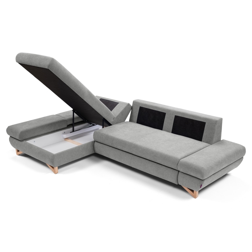 Razvlačna lijeva kutna tapecirana sjedeća garnitura AVESTA s prostorom za pohranu u obliku slova L, siva