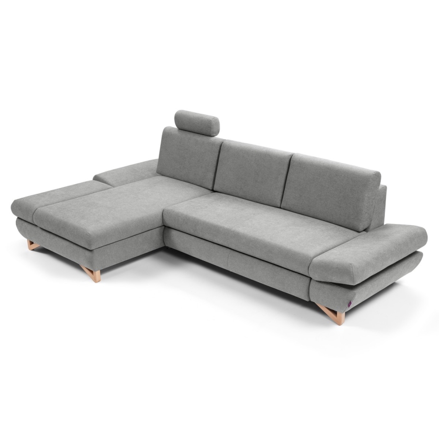 Razvlačna lijeva kutna tapecirana sjedeća garnitura AVESTA s prostorom za pohranu u obliku slova L, siva