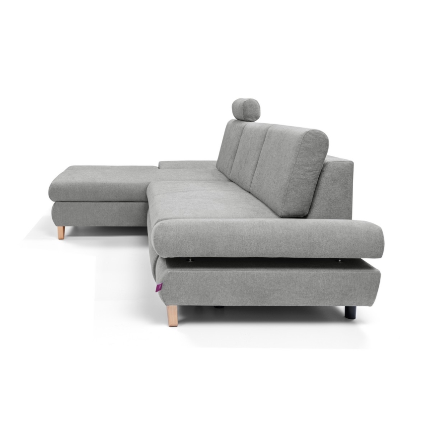 Razvlačna lijeva kutna tapecirana sjedeća garnitura AVESTA s prostorom za pohranu u obliku slova L, siva