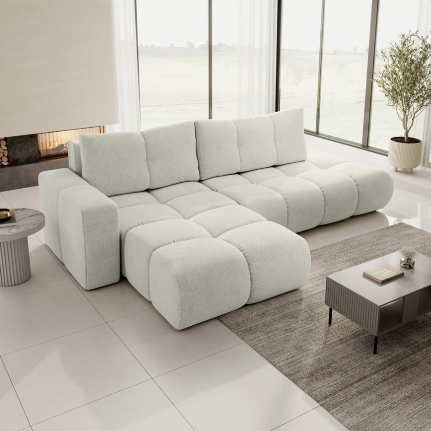 Razvlačna kutna tapecirana sjedeća garnitura u L-obliku s prostorom za pohranu ALMADA, lijevi kut, bež