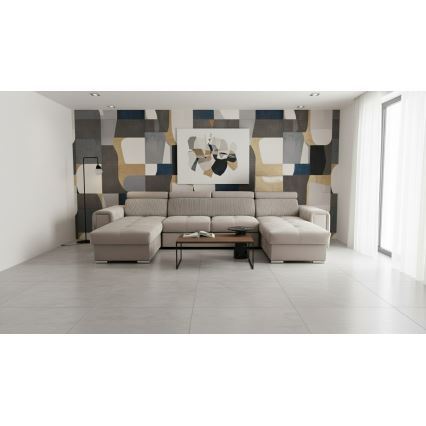 Razvlačna kutna garnitura SALVADA s univerzalnim U-kutom i praktičnim spremištem, bež