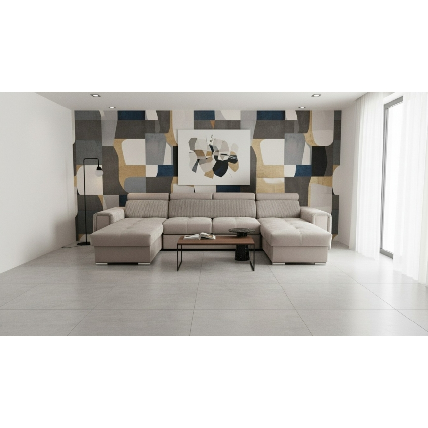 Razvlačna kutna garnitura SALVADA s univerzalnim U-kutom i praktičnim spremištem, bež