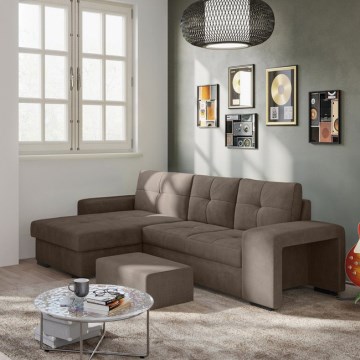 Razvlačna sofa PALERMO, smeđa, lijeva, s prostorom za pohranu i tabureom