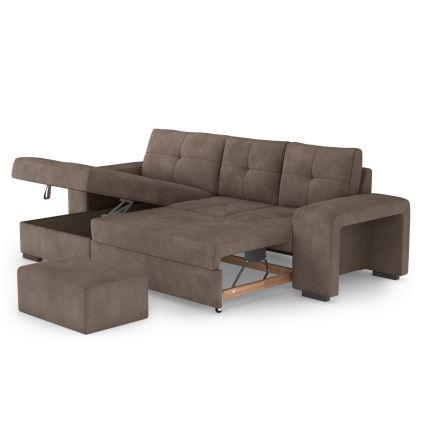 Razvlačna sofa PALERMO, smeđa, lijeva, s prostorom za pohranu i tabureom