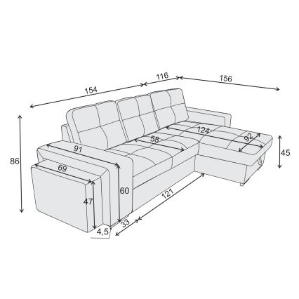 Razvlačna sofa s prostorom za pohranu i tabureom PALERMO, crna, lijeva
