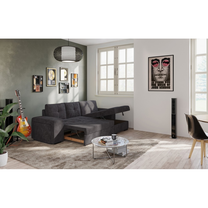 Razvlačna sofa s prostorom za pohranu i tabureom PALERMO crna desna