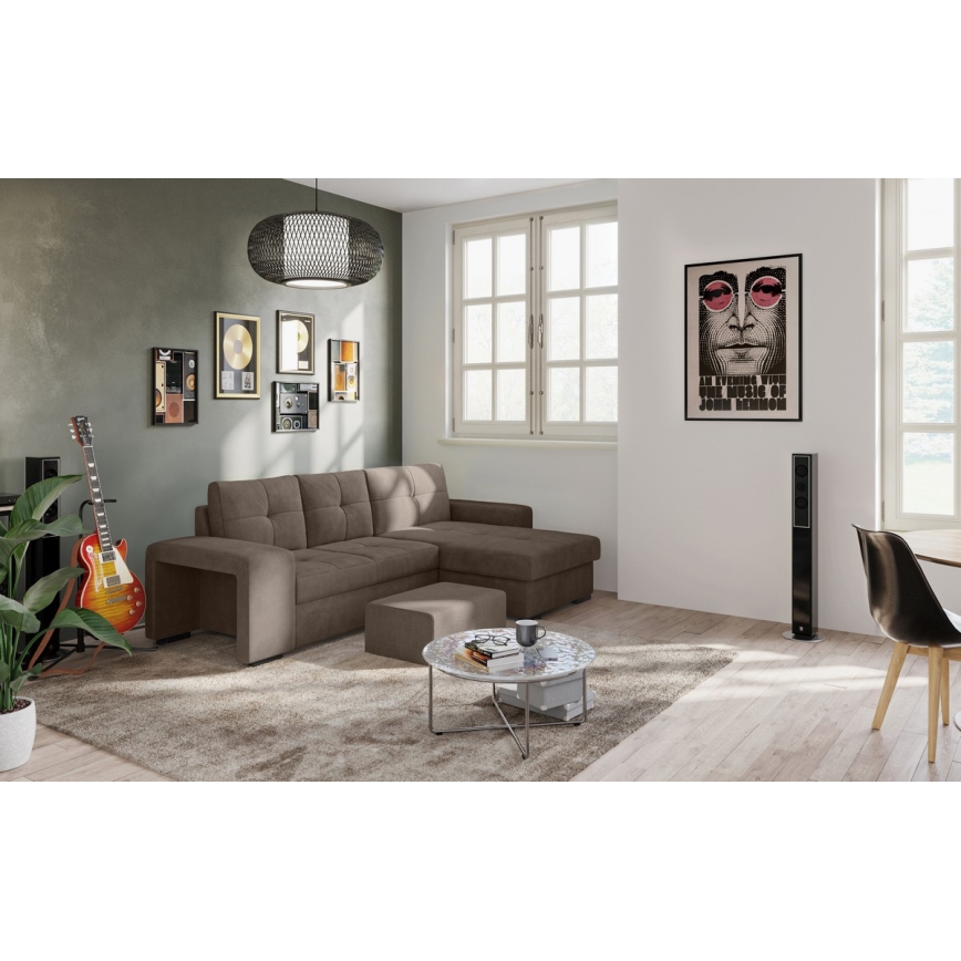 Razvlačna sofa s prostorom za pohranu i tabureom PALERMO smeđa desna