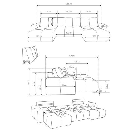 Razvlačna tapecirana sjedeća garnitura u obliku slova U ALMADA s prostorom za odlaganje, bež