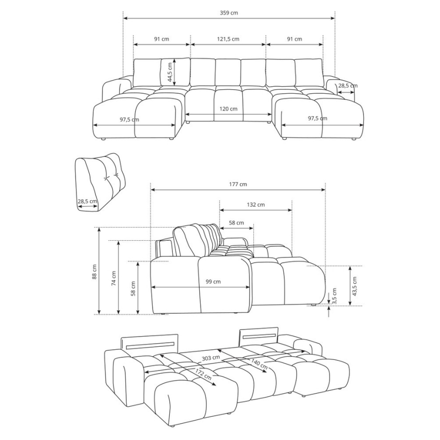 Razvlačna tapecirana sjedeća garnitura u obliku slova U ALMADA s prostorom za odlaganje, bež