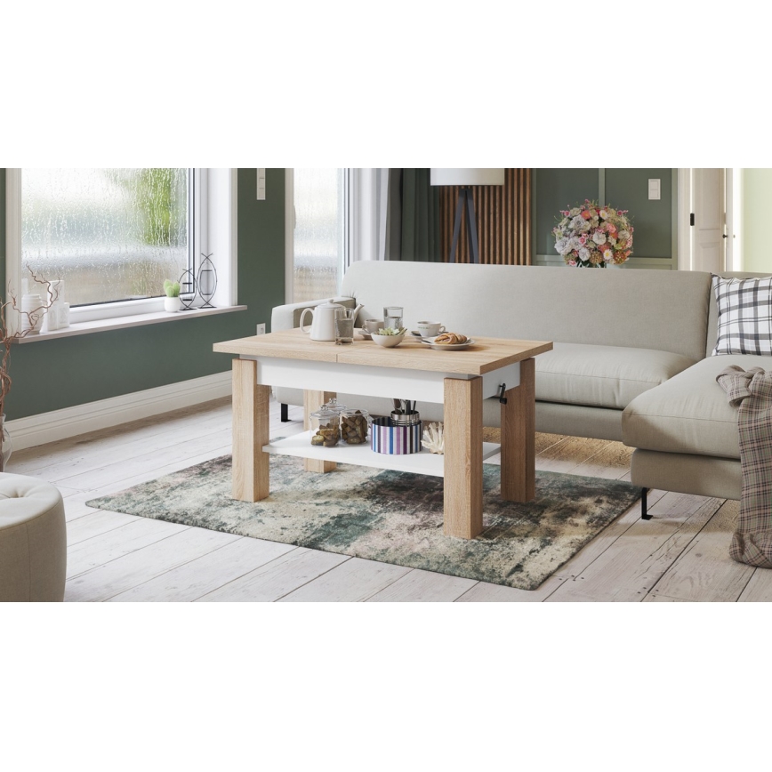 Razvlačni konferencijski stolić s policom ADONIS 110/150x68 cm hrast sonoma/bijela
