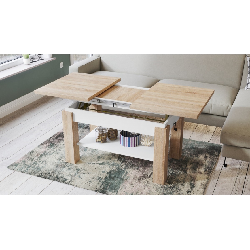 Razvlačni konferencijski stolić s policom ADONIS 110/150x68 cm hrast sonoma/bijela