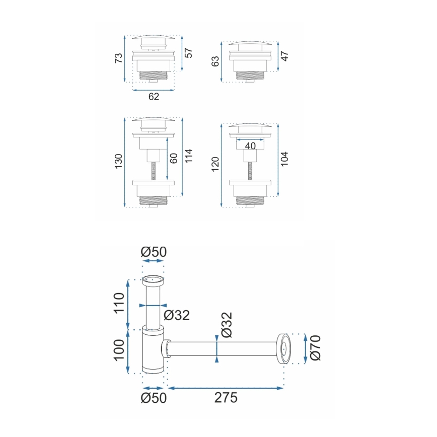 REA-A4400 - Sifon za umivaonik s klik-klak odvodom, Ø 6,4 cm, nikl