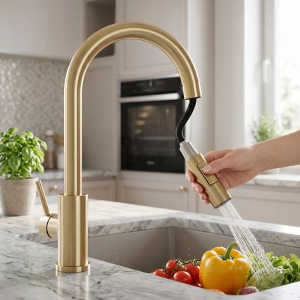REA-B9842 - Beskontaktna kuhinjska slavina s izvlačivim tušem FRESH TOUCH 37 cm 4xAA brušeno zlato