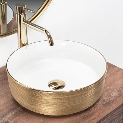 REA-U6630 - Nadgradni umivaonik SAMI Ø 36 cm keramika/bijela/brušeno zlato