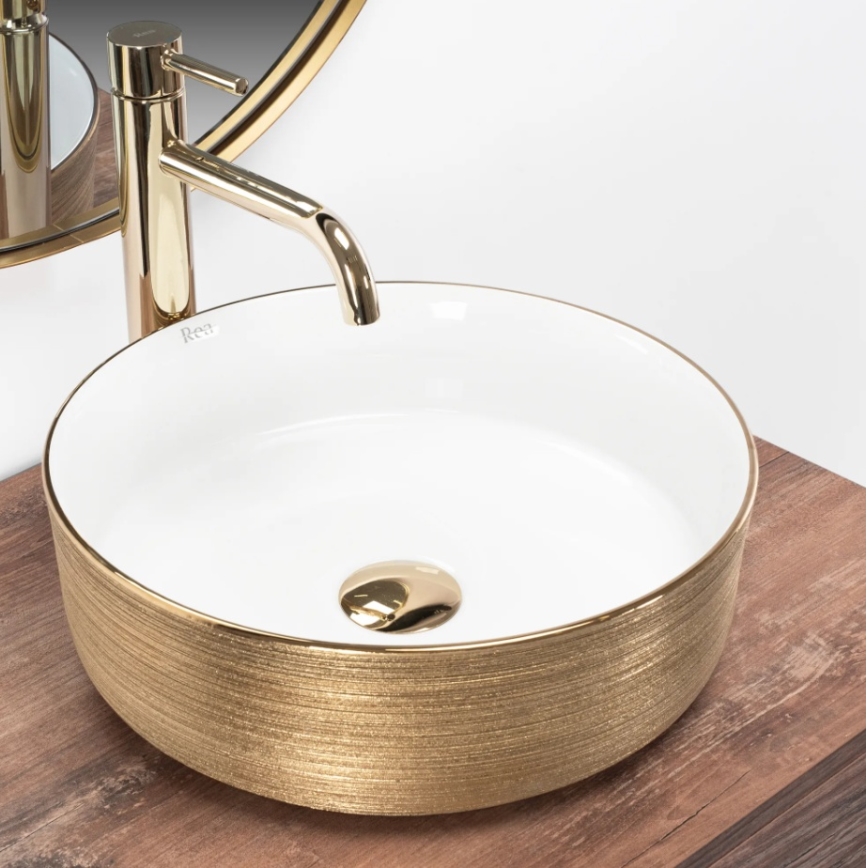 REA-U6630 - Nadgradni umivaonik SAMI Ø 36 cm keramika/bijela/brušeno zlato