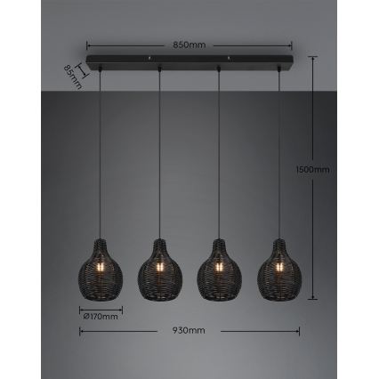 Reality - Luster na kabelu SPROUT 4xE14/30W/230V crna/ratan