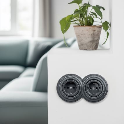Reblig - Dvostruka retro kućna utičnica s okvirom SCHUKO 230V antracit
