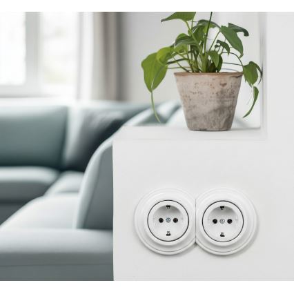 Reblig - Dvostruka retro kućna utičnica s okvirom SCHUKO 230V snježno bijela