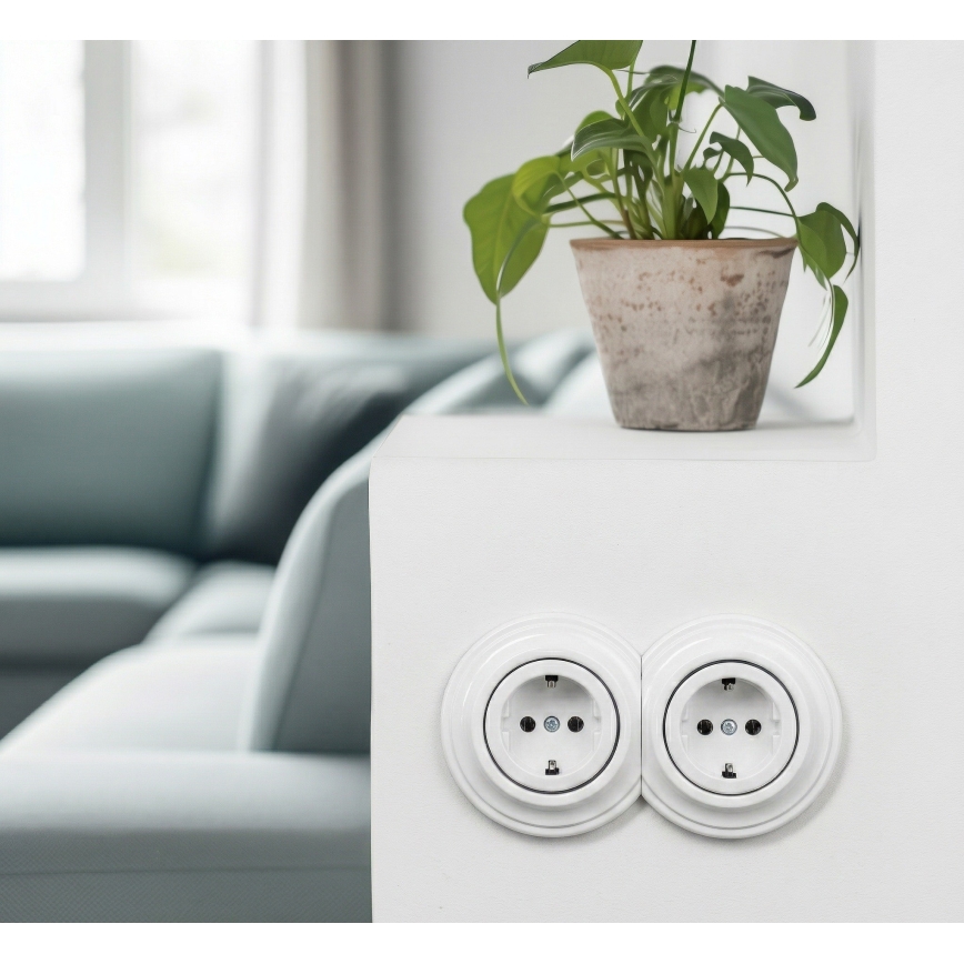 Reblig - Dvostruka retro kućna utičnica s okvirom SCHUKO 230V snježno bijela