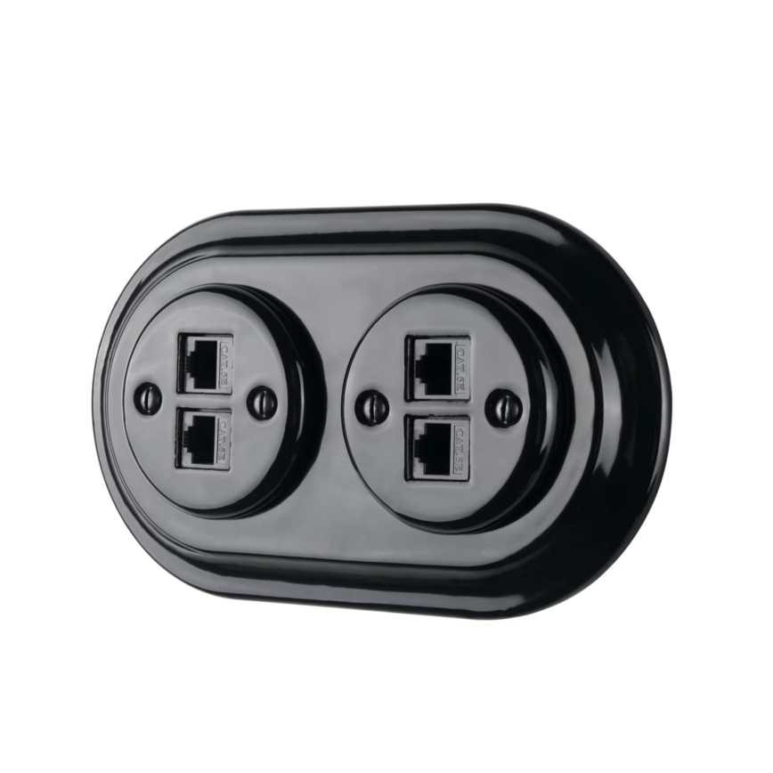 Reblig - Porculanska retro Ethernet zidna utičnica bez okvira, 2x CAT.5E, crna