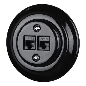 Reblig - Porculanska retro Ethernet utičnica s okvirom, 2x CAT5e, crna
