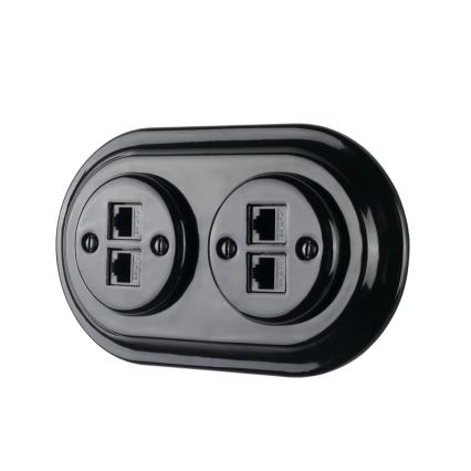 Reblig - Porculanska retro Ethernet utičnica s okvirom, 2x CAT5e, crna