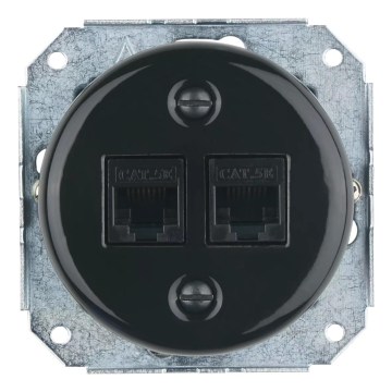 Reblig - Porculanska retro Ethernet zidna utičnica bez okvira, 2x CAT.5E, crna
