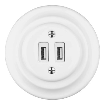 Reblig - Porculanska retro USB utičnica s okvirom 2x USB-A bijela