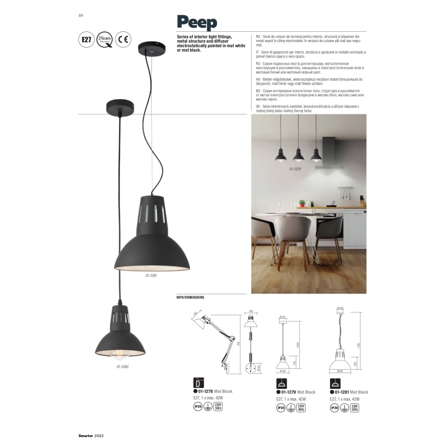 Redo 01-1279 - Viseći luster na sajli PEEP 1xE27/42W/230V, Ø 16,5 cm, crni