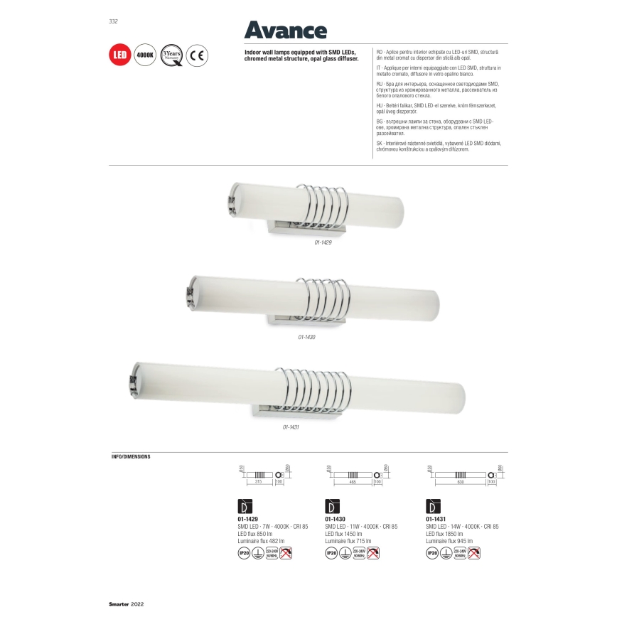 Redo 01-1431 - LED Zidna svjetiljka AVANCE LED/14W/230V 63 cm bijela