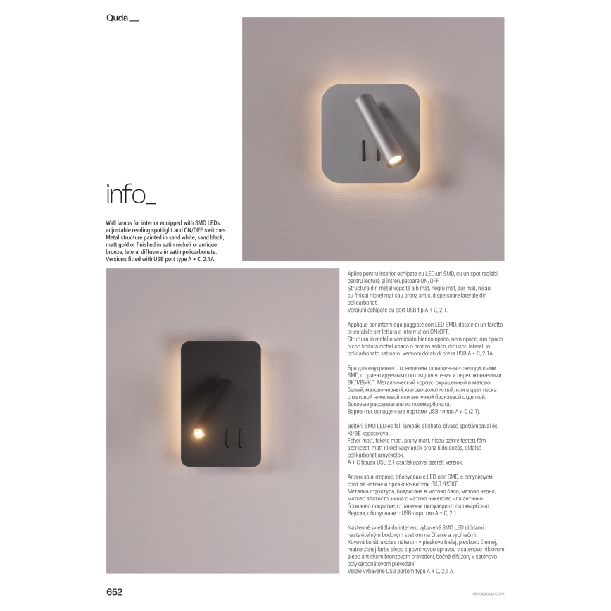 Redo 01-1492 - LED zidna svjetiljka QUDA LED/6W/230V + LED/3W CRI 90 crna