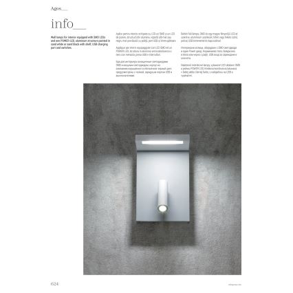 Redo 01-1499 - LED Zidna reflektorska svjetiljka AGOS LED/6W/230V + LED/3,2W USB bijela