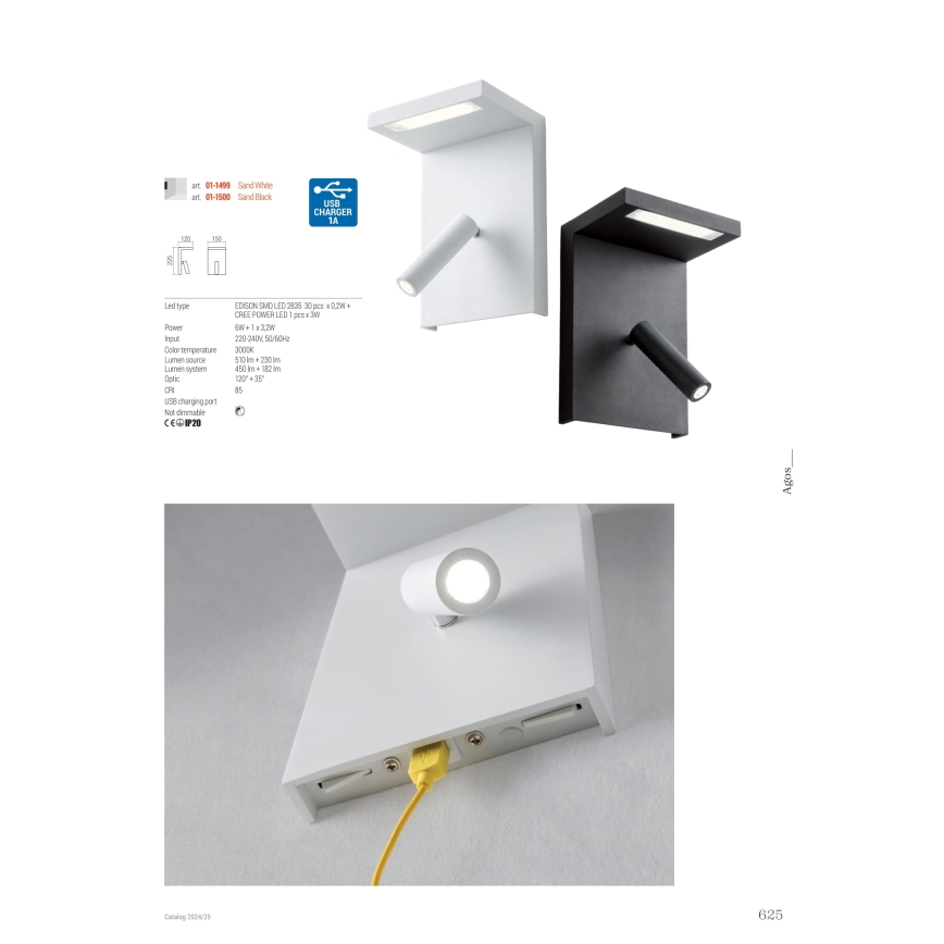 Redo 01-1499 - LED Zidna reflektorska svjetiljka AGOS LED/6W/230V + LED/3,2W USB bijela