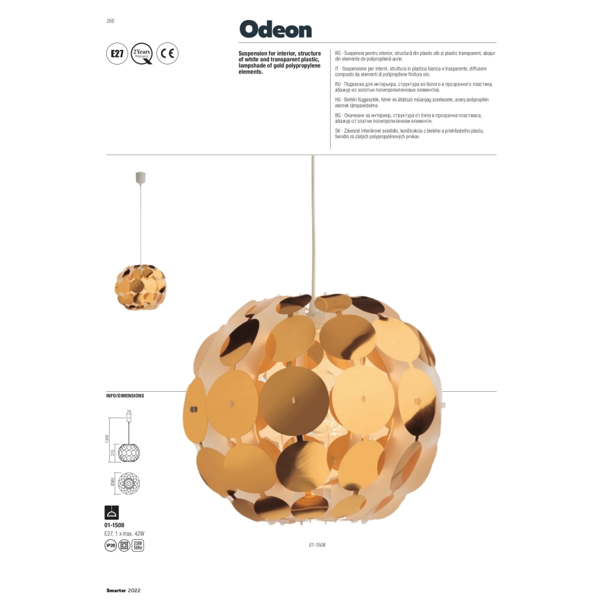 Redo 01-1508 - Luster na sajli ODEON 1xE27/42W/230V pr. 36 cm zlatna