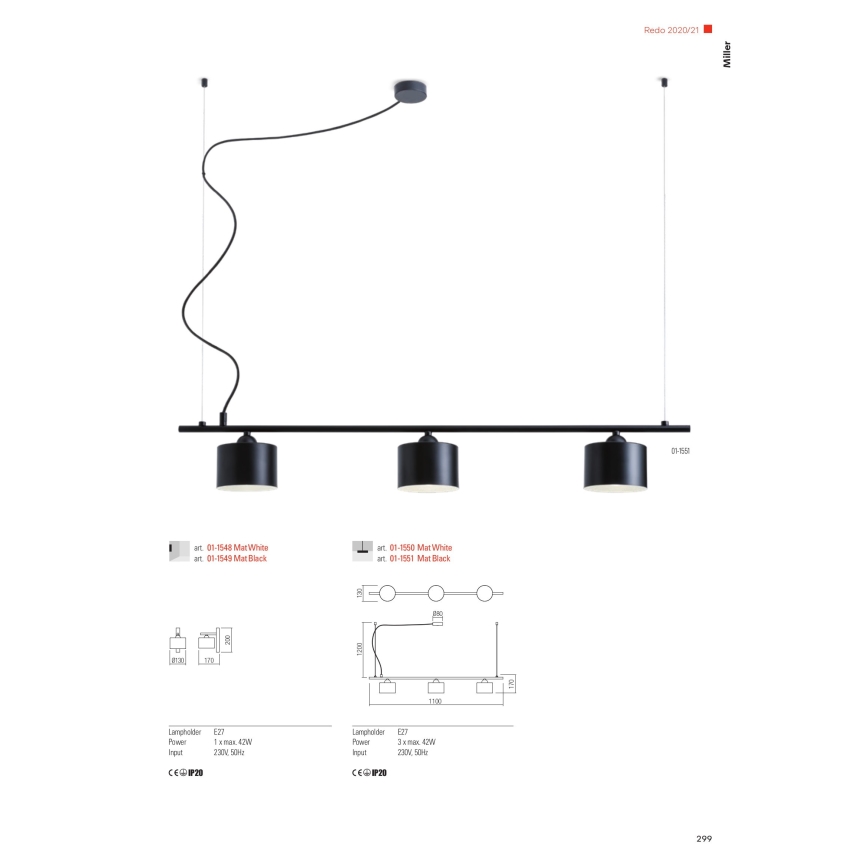 Redo 01-1551 - Luster na sajli MILLER 3xE27/230V crna