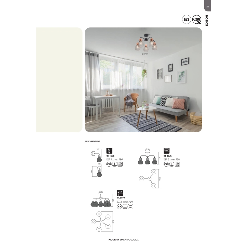 Redo 01-1577 - Luster na stalku EDISON 5xE27/42W/230V Ø 53 cm crna/bakrena