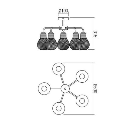 Redo 01-1577 - Luster na stalku EDISON 5xE27/42W/230V Ø 53 cm crna/bakrena