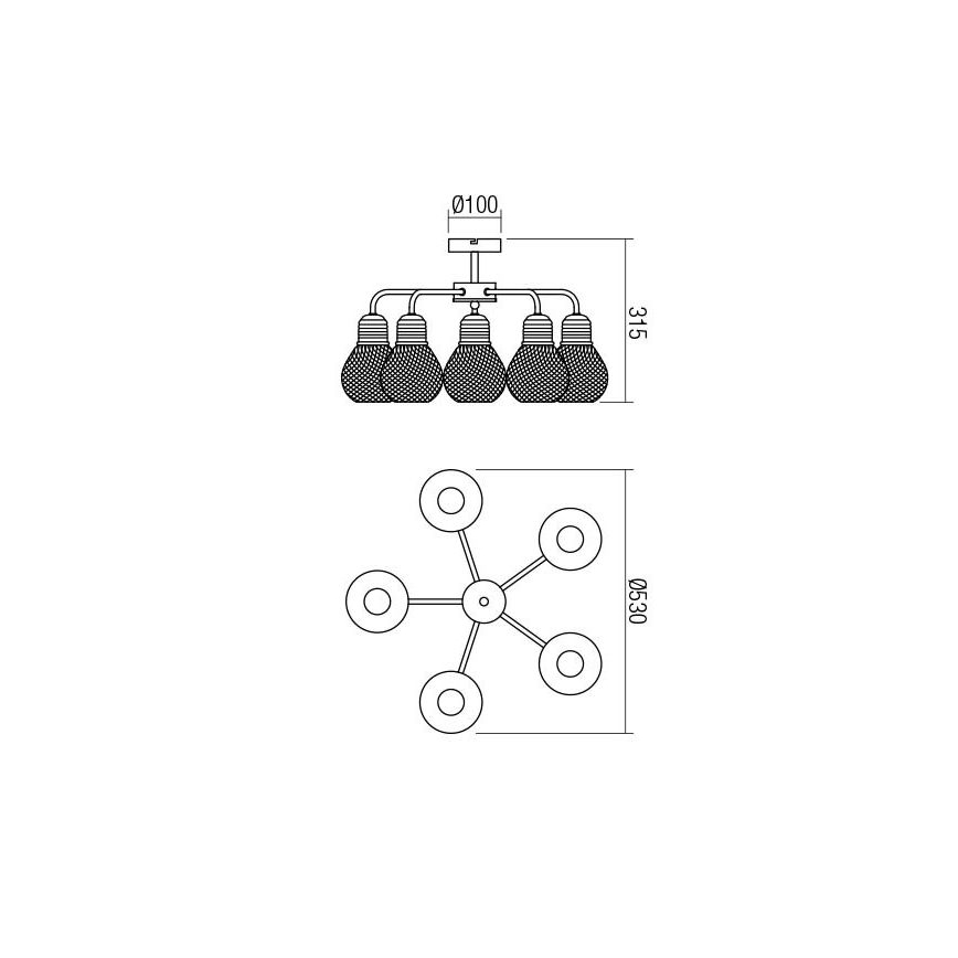 Redo 01-1577 - Luster na stalku EDISON 5xE27/42W/230V Ø 53 cm crna/bakrena