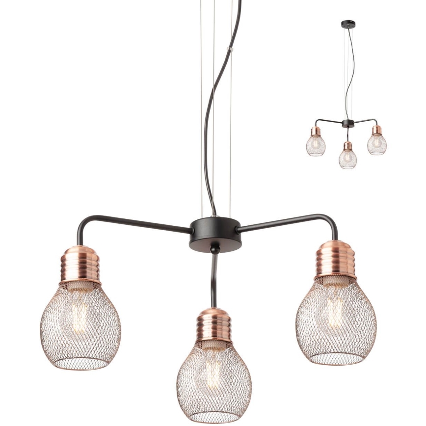 Redo 01-1579 - Viseći luster na sajli EDISON 3xE27/42W/230V Ø 53 cm crna/bakrena