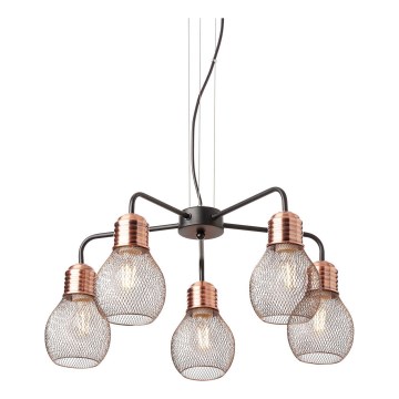 Redo 01-1580 - Luster na sajli EDISON 5xE27/42W/230V Ø 53 cm crna/bakrena