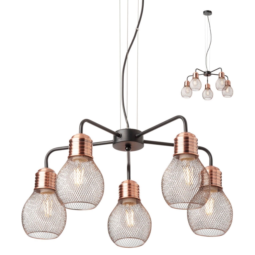 Redo 01-1580 - Luster na sajli EDISON 5xE27/42W/230V Ø 53 cm crna/bakrena