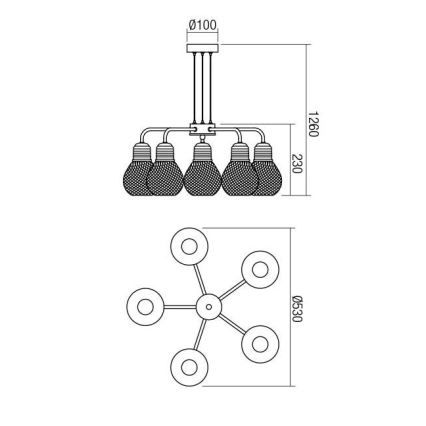 Redo 01-1580 - Luster na sajli EDISON 5xE27/42W/230V Ø 53 cm crna/bakrena